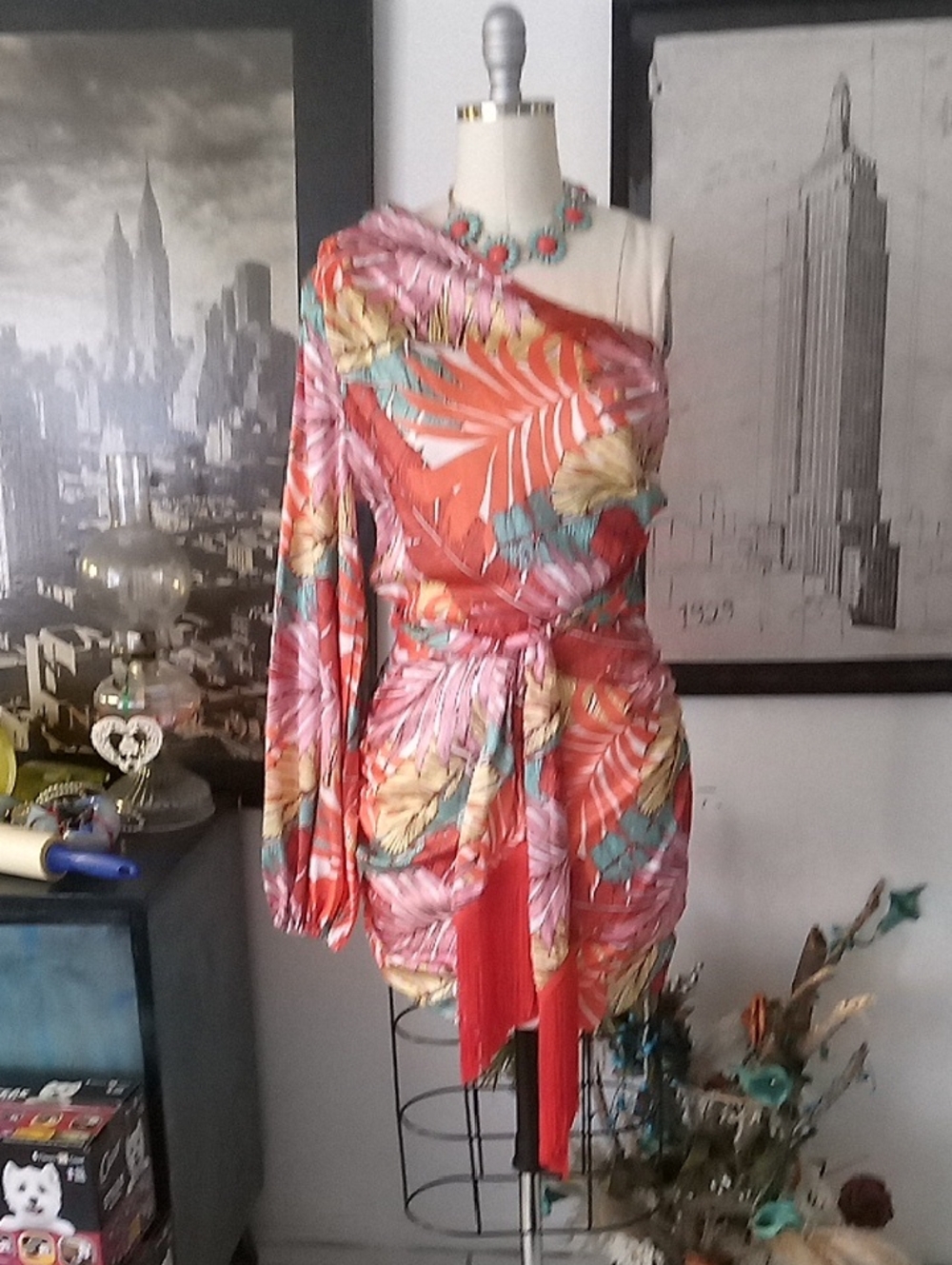 Fashion Nova Coral Tropical Tie-Waist Mini Dress